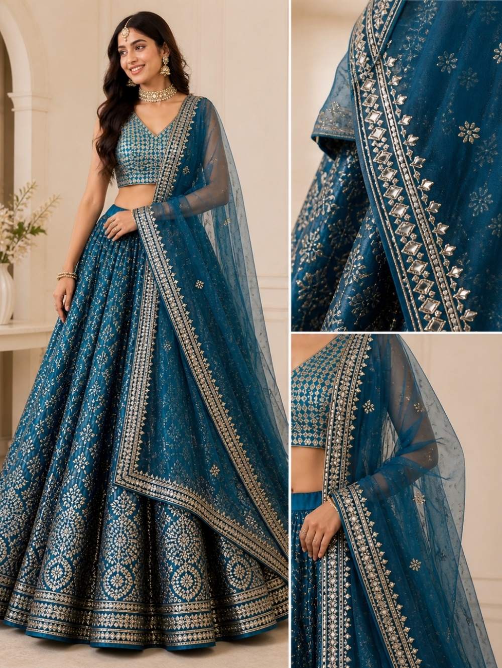 Rama Blue/ Teal Blue Embroidered Lehenga Choli Set - Size 8 - Picture 8 of 8